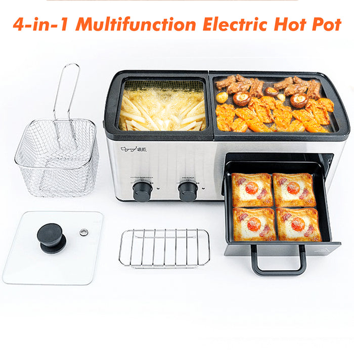 4 in 1 Hot Pot Electric with Grill and Frying Basket, Breakfast Maker Station with Independent Dual Temperature Control