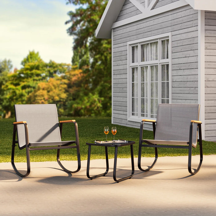 Simenmax 3-Piece Outdoor Rocking Set, Outdoor Furniture Set with Textilene Chairs & Glass-Top Table, Conversation Set of 3 for Porch, Lawn, Garden, Yard, Balcony, Poolside, Gray