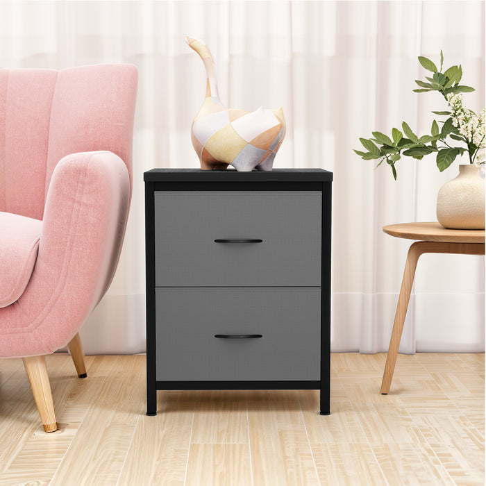 Nightstand Set of 2- Fabric Storage Tower with Wooden Top