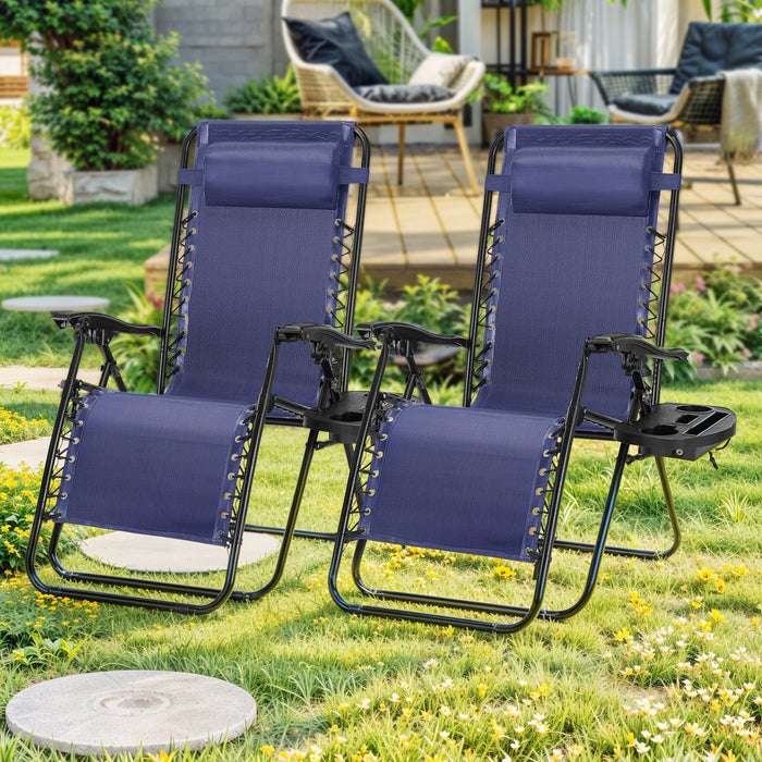 Simenmax Zero Gravity Chair Set of 2, Reclining Folding Outdoor Chairs with Adjustable Headrest & Cup Holder, Anti - Gravity Loungers for Backyard, Patio, Lawn, Poolside,Blue