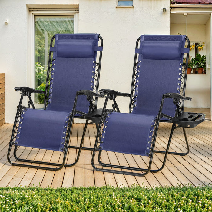 Bigleap Zero Gravity Chairs, Set of 2 Portable Recliner Beach Camping Patio Outdoor Folding Lounge Chair with Cup Holder Trays and Adjustable Pillow for Poolside, Garden, Backyard, Lawn , Blue