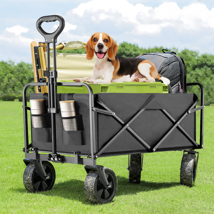 TINKLE WELL All-Terrain Foldable Wagon Cart with Heavy-Duty Wheels, Large Capacity Portable Utility Wagon for Beach, Sand, and Gardening, Featuring Drink Holders
