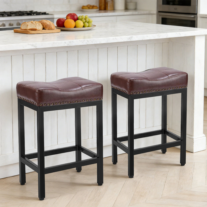 Sybels 24" Saddle Bar Stools (Set of 2) - PU Leather Counter Stools with Footrest for Kitchen Island, Cafe