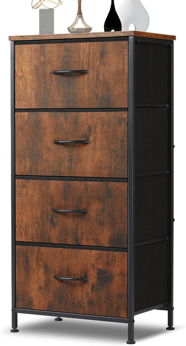 Bigleap 4 Drawer Dresser, Tall Chest Of Drawers Nightstand Storage Tower Storage Dresser Fabric Dresser With Wood Top for Living Room, Bedroom, Hallway, Nursery, Rust