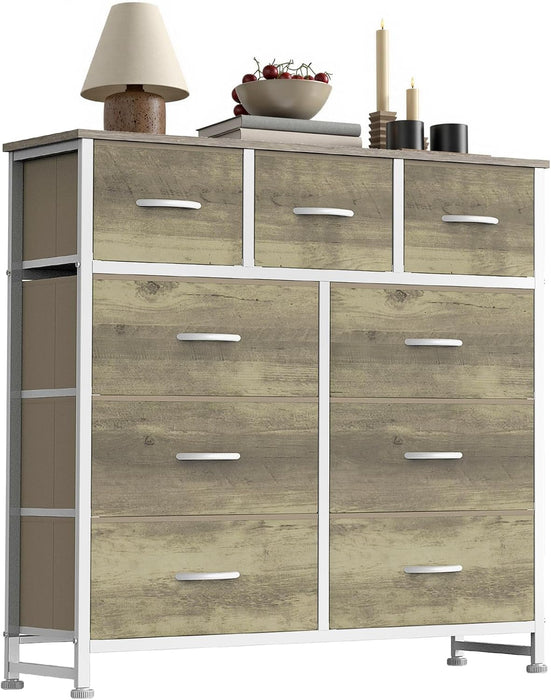 Simenmax 9 Drawers Dresser for Bedroom, Tall Fabric Closet Chests Organizer Tower Furniture with Wooden Top Metal Frame for Bed Room, Living Room, Hallway, Entryway,Oak Greige