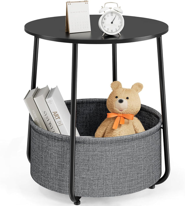 Small Round Side End Table for Living Room, Modern Nightstand Bedside Table with Fabric Basket for Bedroom - Black