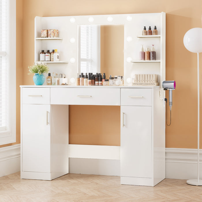 Simenmax Vanity with Mirror and 10 LED Lights, Makeup Vanity Desk with 3 Drawer, 6 Shelves, 2 Cabinet, Dressing Table for Bedroom, White