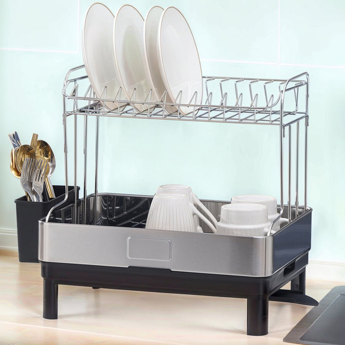 2-Tier Stainless Steel Dish Drying Rack, Extra Large Capacity Dish Rack and Drainboard Set with Cutlery Holder for Kitchen Counter