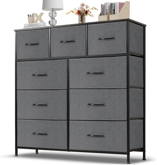 Bigleap 9 Drawer Dresser, Wide Chest Of Drawers Nightstand Storage Tower Storage Dresser Fabric Dresser With Wood Top for Living Room, Bedroom, Hallway, Nursery, Grey