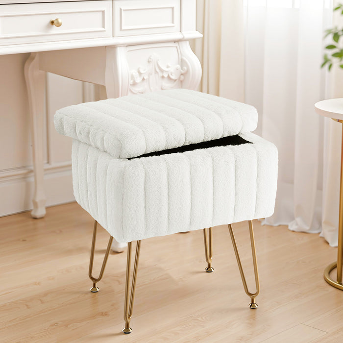 TINKLE WELL Storage Vanity Stool Chair, Soft Faux Fur Makeup Ottoman, Adjustable Anti-Slip Feet, Modern Footrest for Bedroom, Makeup, Entryway