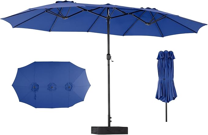 Sybels 15ft Large Rectangle Patio Umbrella with Base, Outdoor Sun Shade for Deck, Backyard, Market, Blue