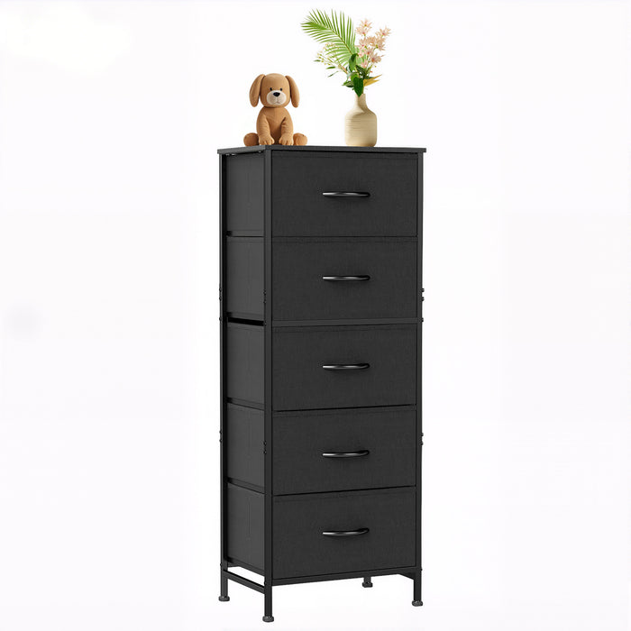 Bigleap 5-Drawer Dresser，5 Drawer Nightstand with Wood Top & Fabric Bins - Slim Storage Cabinet for Bedroom, Closet, Living Room,Black