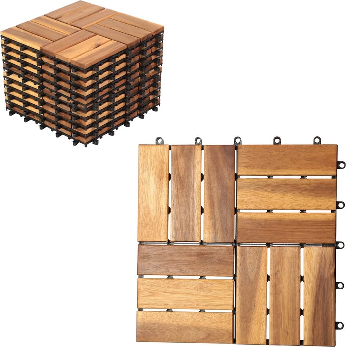 Bigleap Interlocking Wooden Deck Tiles 30X30cm Decor All Weather Balcony Floor 6 Slats Straight Tiles Acacia Wood