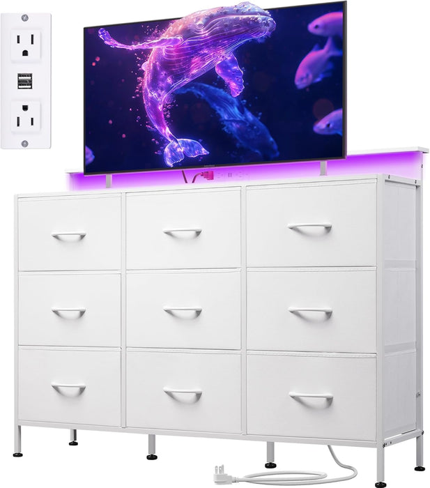 Bigleap LED TV Stand 9-Drawer Dresser Charging Station, Entertainment Center for Bedroom or Living Room, Wood Top Media Console with Fabric Drawers for 45-55 Inch TV, White