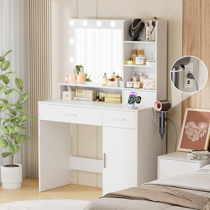 Sybels Vanity Desk with LED Mirror & Power Outlet, Makeup Dressing Table with 11 Lights, 3 Color Modes, Adjustable Brightness, 3 Drawers, Cabinet & 4 Shelves for Bedroom