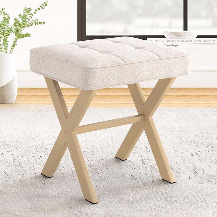 Bigleap Square Ottoman Stool - Beige Linen Footrest, Vanity Stool with Metal Legs, Small Space-Saving Seat for Living Room, Bedroom & Entryway