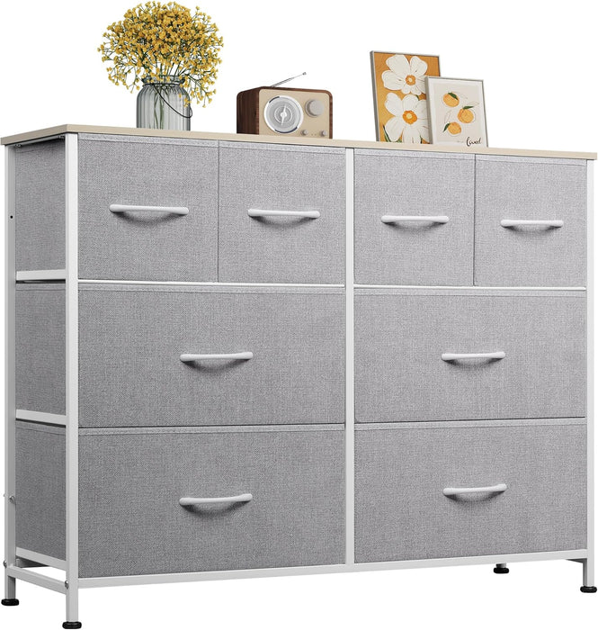 Bigleap 8-Drawer Wide Dresser for Bedroom, Large Fabric Storage Tower for Living Room, Closet & Entryway Organization,Light Gray