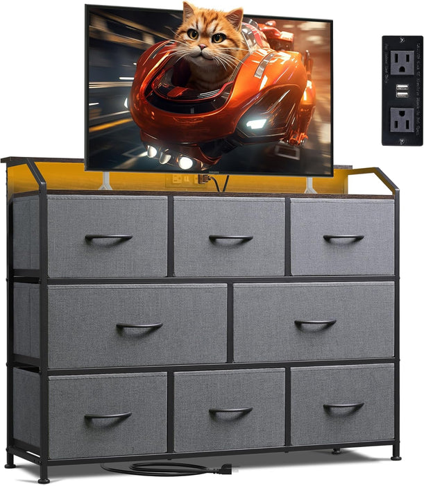 Bigleap LED TV Stand 8-Drawer Dresser with Charging Station, Fabric Chest of Drawers for Bedroom, Living Room, Hallway & Entryway, Gray