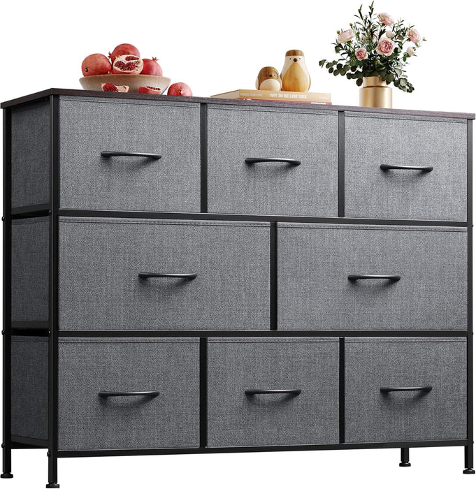 Bigleap TV Stand 8 Drawer Dresser for Bedroom, Large Storage Fabric Dresser with Wood Top, Versatile Chest of Drawers for Living Room, Closet, Entryway,Gray