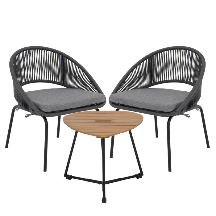 TINKLE WELL 3-Piece Outdoor Bistro Set, Woven Rope Chairs & Wood Coffee Table for Patio, Garden, Deck, or Balcony