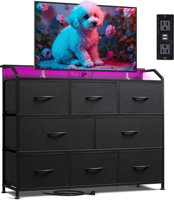 Bigleap LED TV Stand 8-Drawer Dresser with Charging Station, Fabric Chest of Drawers for Bedroom, Living Room, Hallway & Entryway, Black
