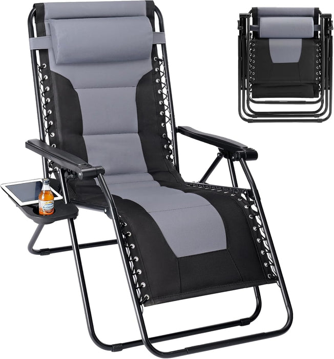 Simenmax Zero Gravity Chairs, 400 lbs Heavy Duty Foldable Patio Recliner with Adjustable Pillow & Cup Holder, Oversized Outdoor Lounge Chair for Backyard Camping Lawn, Black-Gray