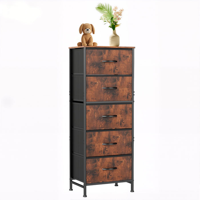 Bigleap 5-Drawer Dresser，5 Drawer Nightstand with Wood Top & Fabric Bins - Slim Storage Cabinet for Bedroom, Closet, Living Room,Brown