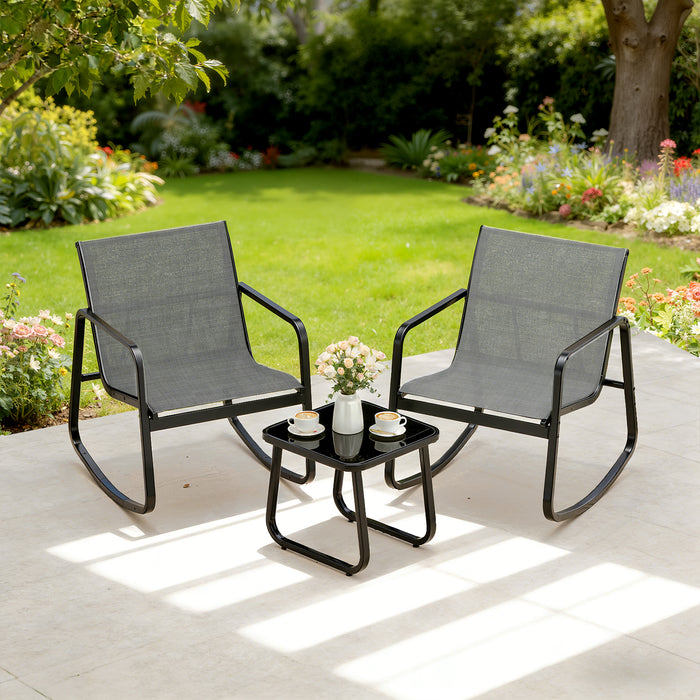TINKLE WELL 3/4-Piece Outdoor Rocking Bistro Set – Textilene Rocking Chairs with Glass-Top Table for Porch, Lawn, Balcony, Black