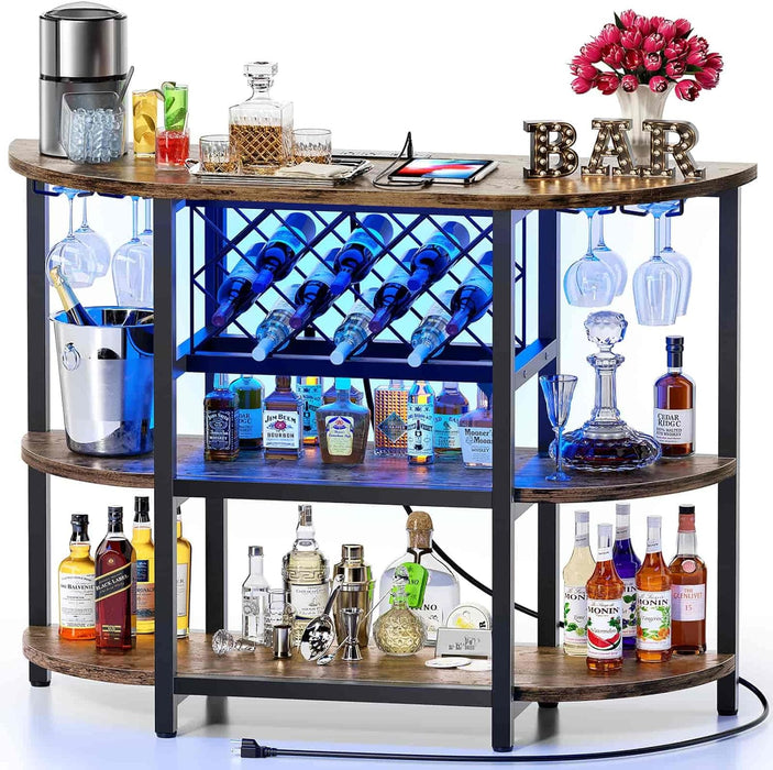 Bigleap 4-Tier Floor Bar Cabinet with LED Lights & Power Outlet, Freestanding Wine Rack and Coffee Bar Station with Glass Holder, Brown