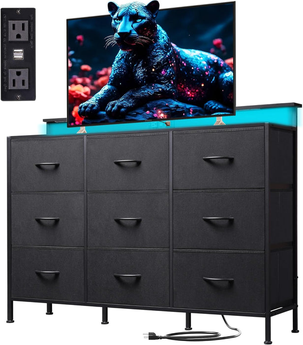 Bigleap LED TV Stand 9-Drawer Dresser Charging Station, Entertainment Center for Bedroom or Living Room, Wood Top Media Console with Fabric Drawers for 45-55 Inch TV, Black