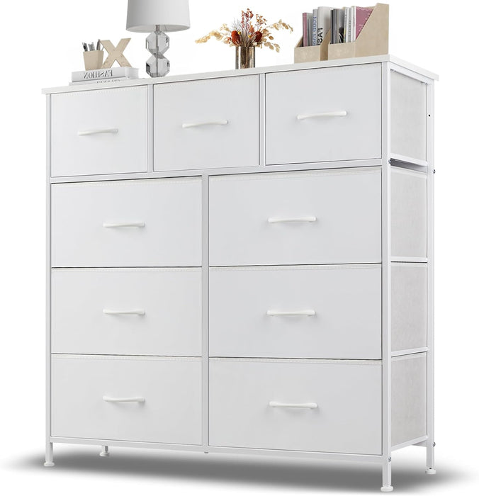 Bigleap 9 Drawer Dresser, Wide Chest Of Drawers Nightstand Storage Tower Storage Dresser Fabric Dresser With Wood Top for Living Room, Bedroom, Hallway, Nursery, White