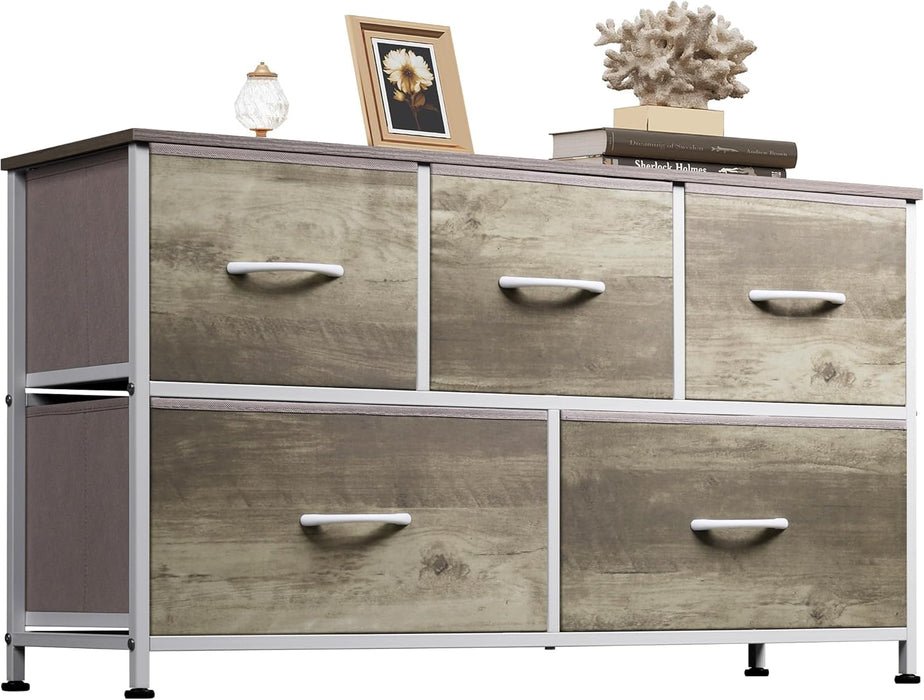 Simenmax 5 Dresser for Bedroom, 5 Storage Drawers, Wide Fabric Closet Chests Organizer Tower Furniture with Wooden Top Metal Frame for Clothes, Room, Living Room, Hallway, Entryway, Oak Greige
