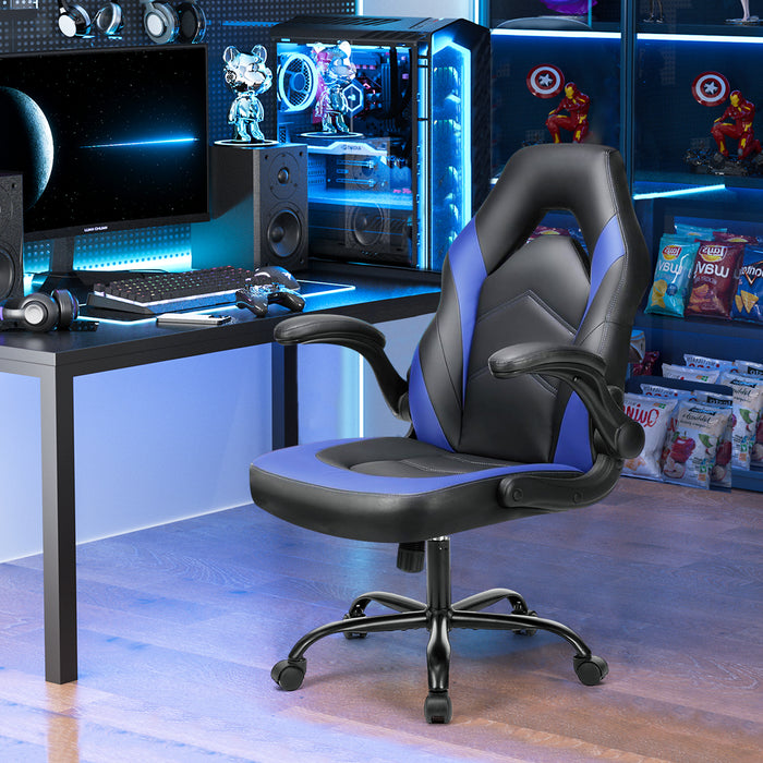 Simenmax Gaming Chair, Ergonomic Office Leather Racing Chair with Flip-up Armrest, Black Blue
