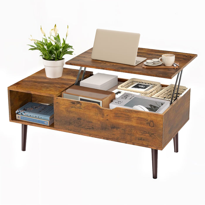 TINKLE WELL Lift-Top Coffee Table, Multi-Functional Hidden Storage & Height Adjustment Wooden Dining Center Table