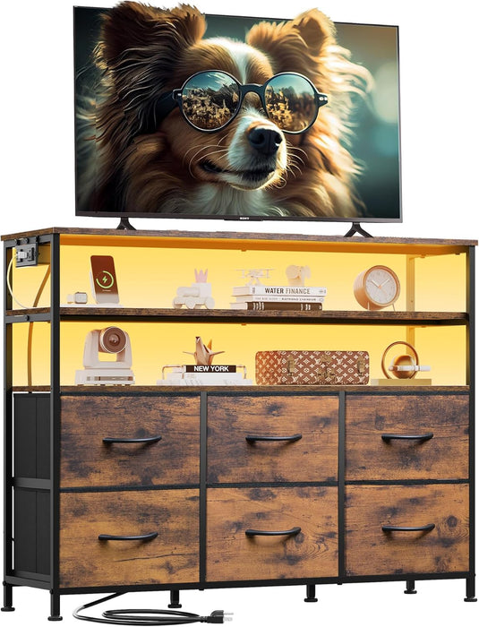 Bigleap TV Stand for 40-45 Inch TVs, 6 Fabric Dresser with RGB LED Lights, Entertainment Center with Charging Station, Brown