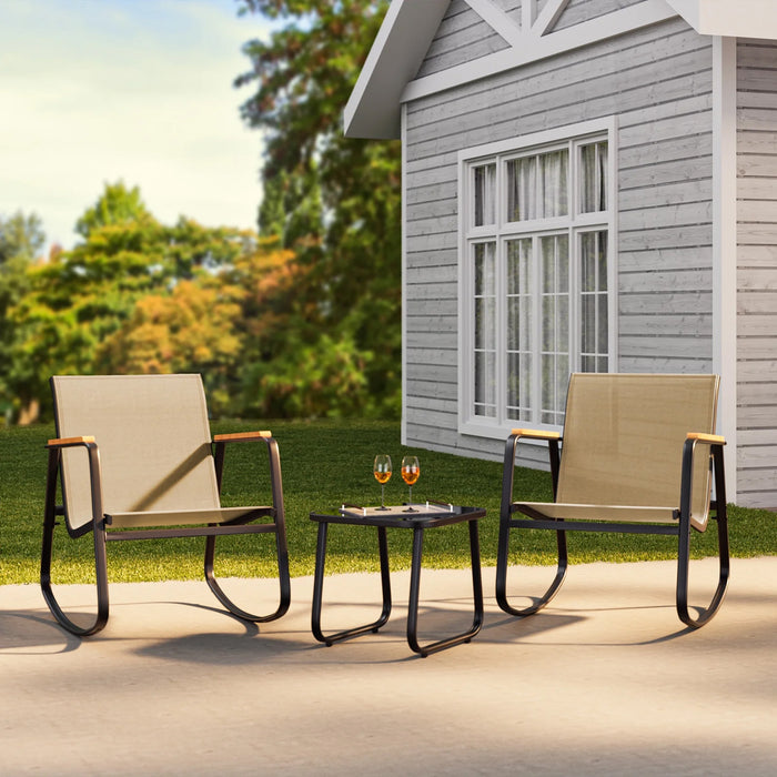 Simenmax 3-Piece Outdoor Rocking Set, Outdoor Furniture Set with Textilene Chairs & Glass-Top Table, Conversation Set of 3 for Porch, Lawn, Garden, Yard, Balcony, Poolside, Brown