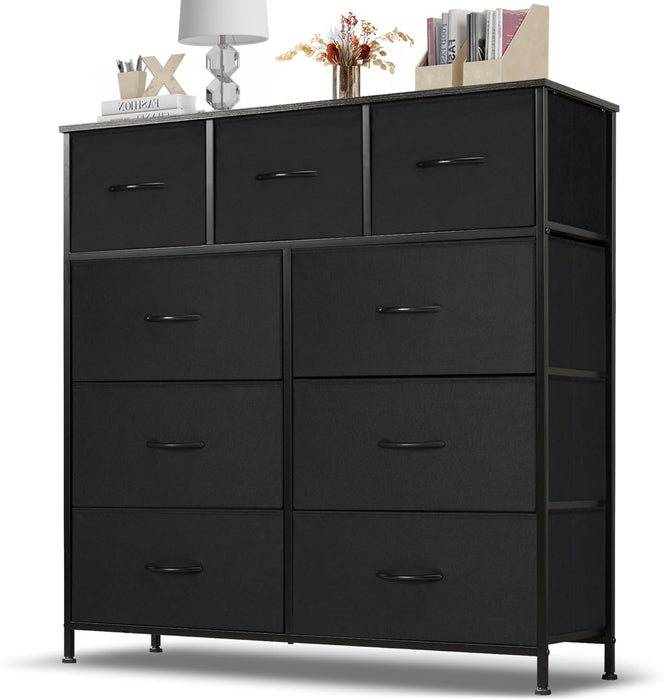 9 Drawer Dresser, Wide Chest Of Drawers Nightstand Storage Tower Storage Dresser Fabric Dresser With Wood Top for Living Room, Bedroom, Hallway, Nursery, Black