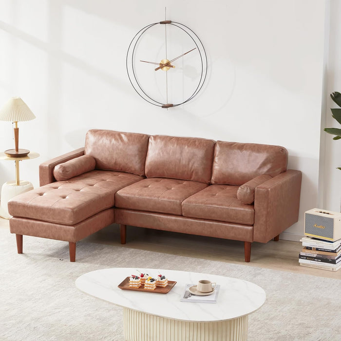 Yangming 80" W Sectional Sofa Couch, L Shaped Couch with Reversible Chaise, Mid Century Modern Leather Couches for Living Room Apartment Small Space, Convertible Sofa with Tufted Seat Cushion, Brown