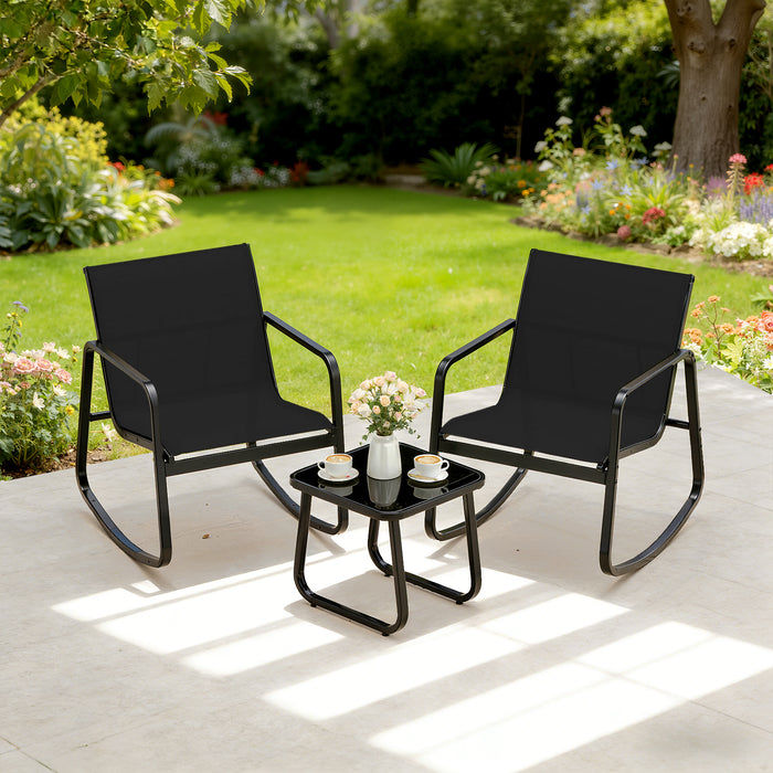 TINKLE WELL 3/4-Piece Outdoor Rocking Bistro Set – Textilene Rocking Chairs with Glass-Top Table for Porch, Lawn, Balcony, Black