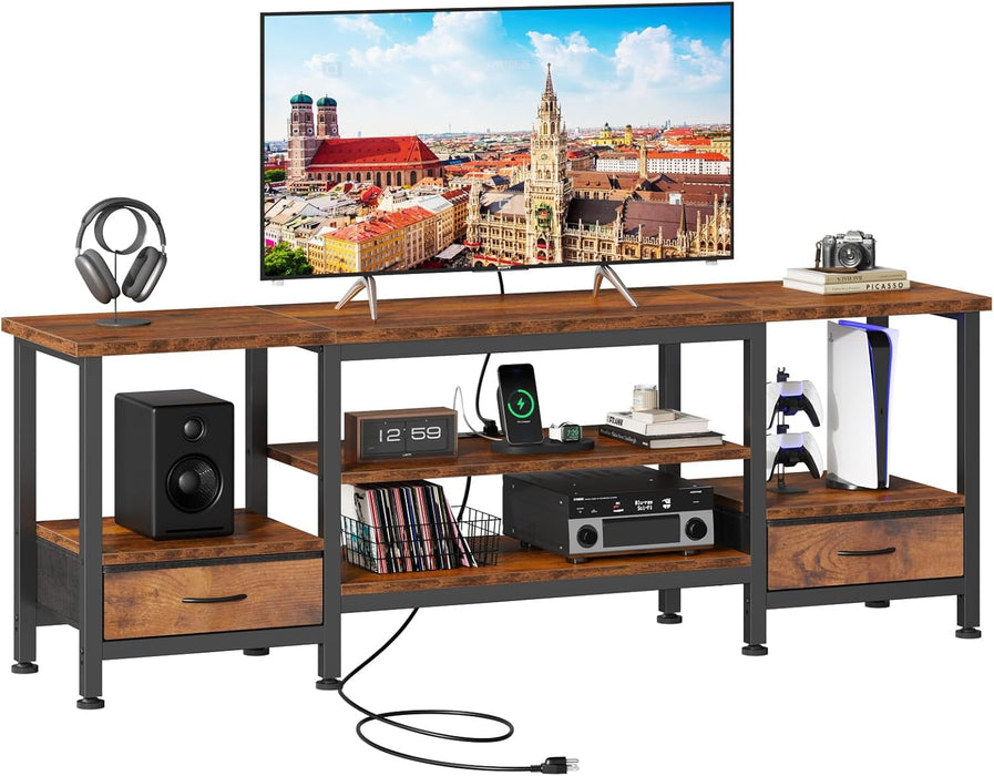 Bigleap 47-inch TV Stand with USB Charging Station, Rustic Brown Media Console for TVs up to 65 Inch, 2 Fabric Drawers & Open Shelves