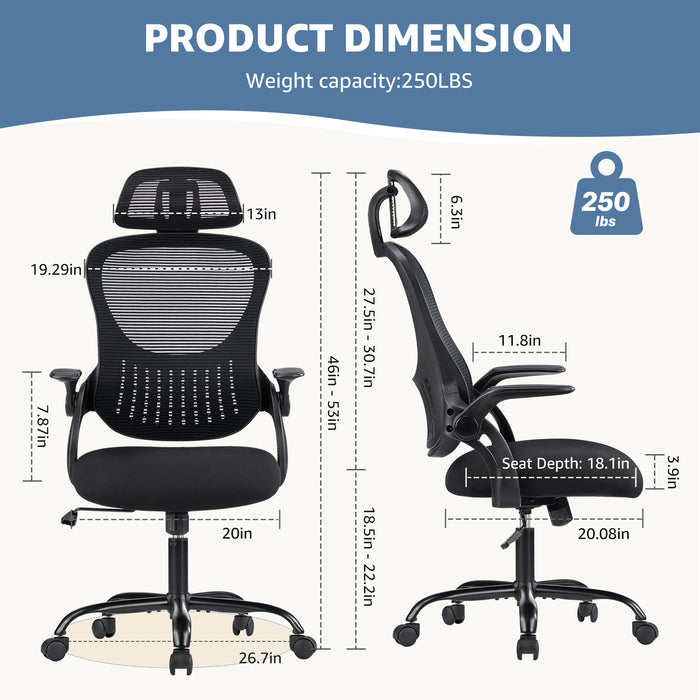 Sybels Ergonomic High Back Mesh Office Chair - Adjustable Headrest & Lumbar Support, Flip-Up Arms, 360° Swivel with Rolling Casters for Home Office, Black