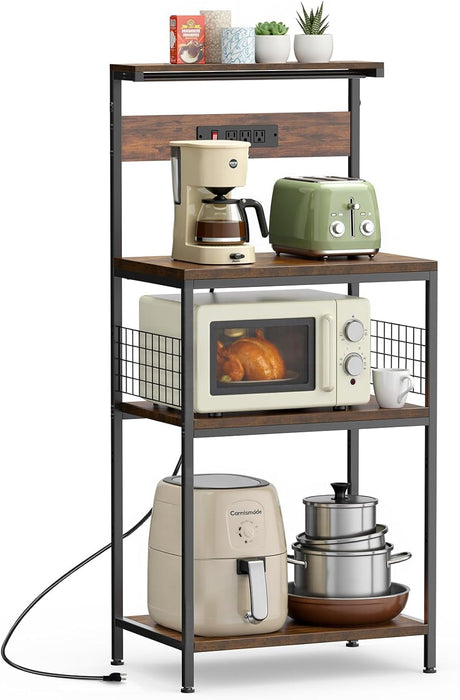 Simenmax 23.6" Kitchen Bakers Rack with Power Outlet, 4-Tier Adjustable Microwave Stand