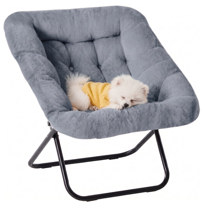 Comfy Saucer Chair, Folding Cozy Faux Fur Accent Seat with Thick Padded and Metal Frame, Single Leisure Chair for Living Room Bedroom