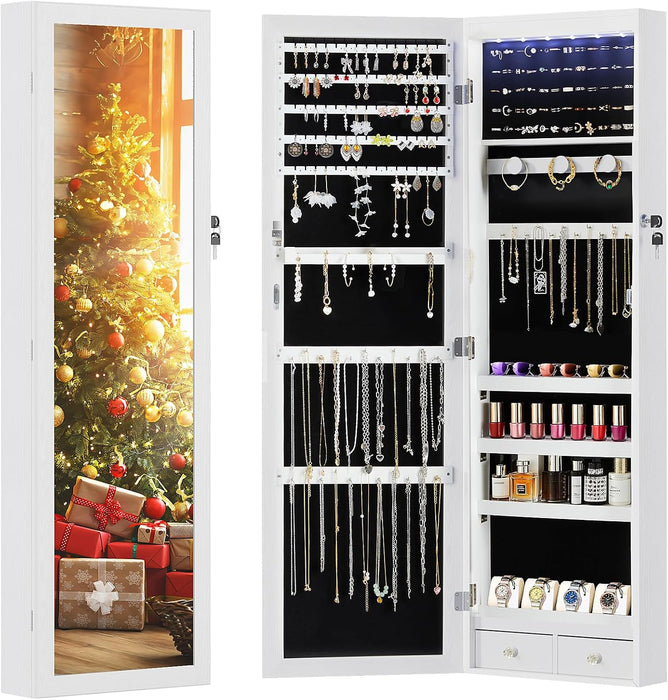 Blorly Jewelry Cabinet Organizer with Mirror, Wall or Door Mounted Jewelry Storage, 47.2 Inch Large Capacity Armoire with 6 LEDs Secure Lock, White