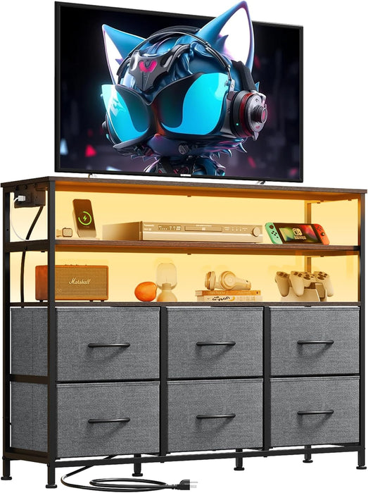 Bigleap TV Stand for 40-45 Inch TVs, 6 Fabric Dresser with RGB LED Lights, Entertainment Center with Charging Station, Gray