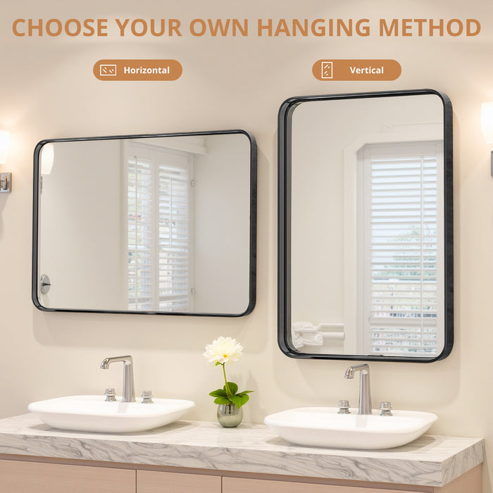 TINKLE WELL Bathroom Vanity Mirror, Large Rounded Metal Rectangle Framed, Anti-Rust Tempered Glass, Hangs Horizontally and Vertically for Sink Wall Decor, 24x36 inch Black