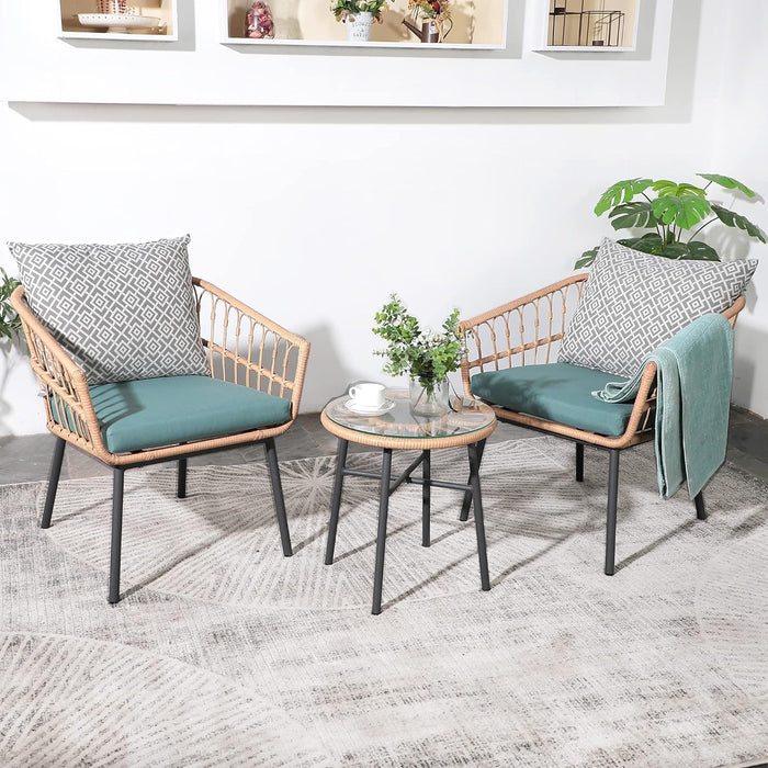 TINKLE WELL 3-Piece Outdoor Patio Set, Furniture Green Wicker Bistro Chairs with Tempered Glass Coffee Table for Garden, Balcony, Poolside