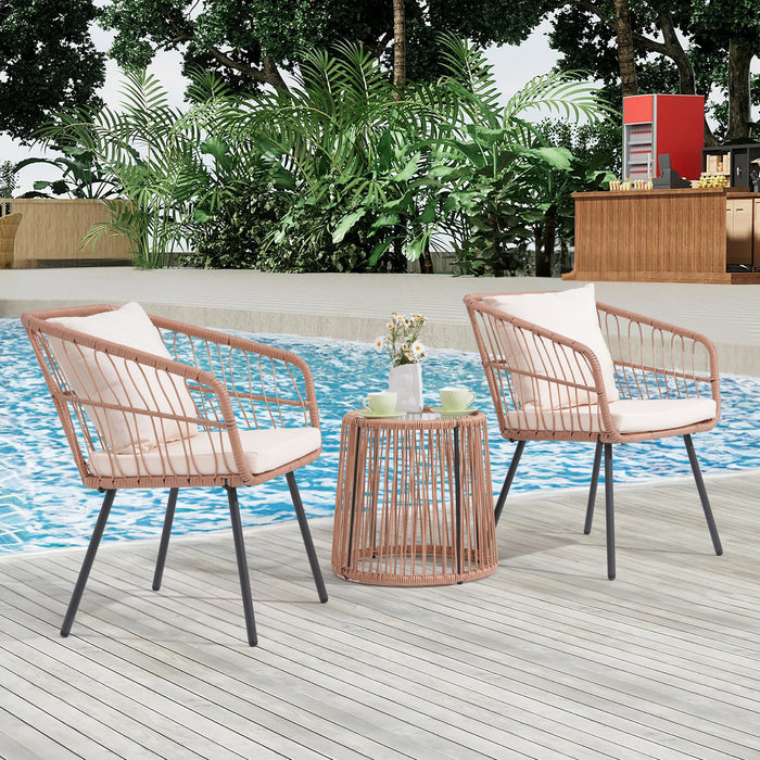 3 Piece Outdoor Wicker Furniture Patio Bistro Set, Rattan Conversation Set with 2 Wicker Patio Chairs, Coffee Table and Cushion, Patio Furniture for Porch, Backyard, Balcony