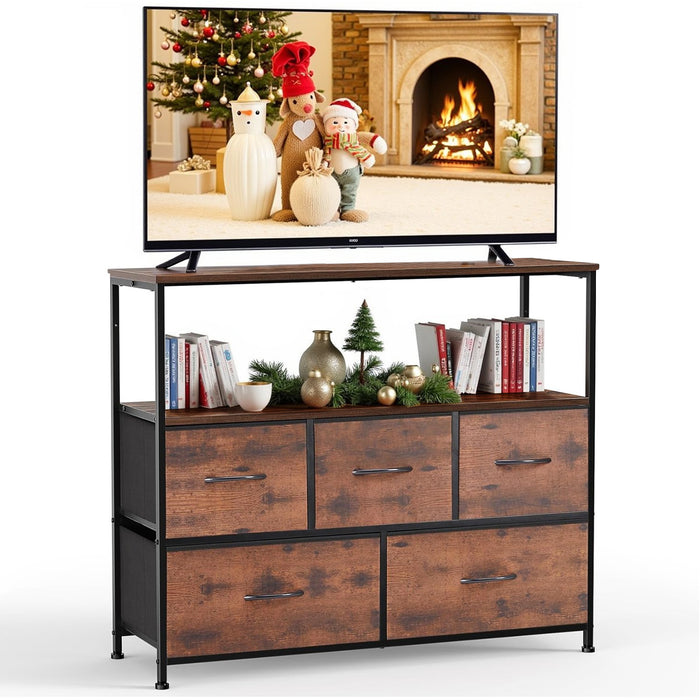 Bigleap TV Stand for Bedroom, TV Dresser for 45 inches, Media Console Table, Entertainment Center with 5 Fabric Drawers Cabinet and Open Storage Shelf Furniture Cabinet for Living Room, Brown