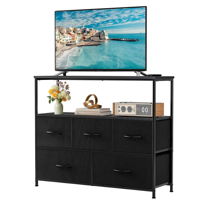Sybels Modern TV Console with 5 Fabric Drawers for 45" TVs, Media Stand with Open Display Shelf, Minimalist Entertainment Center for Living Room & Bedroom, Black